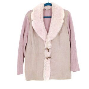 Nygard Collection Rabbit Fur Suede Sweater Jacket Womens L Bubblegum Pink Winter